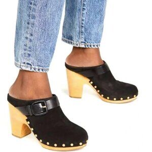 Veronica Beard 'Dacey' Suede Slip On Clogs in Black/Natural Wood Size 8